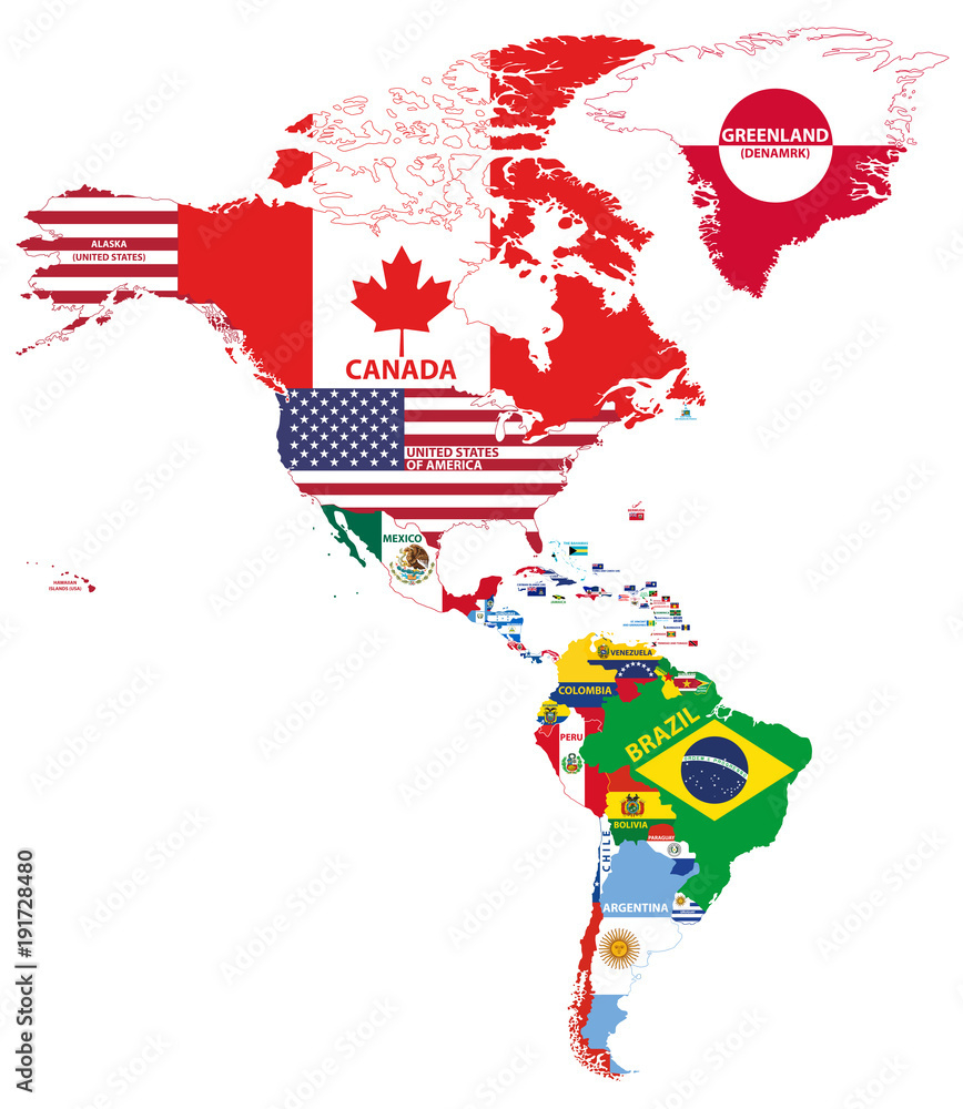 stock vektorgrafik north and south america map with country names throughout north and south america map with flags Stock-Vektorgrafik „North And South America Map With Country Names throughout North and South America Map with Flags