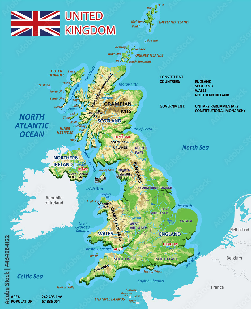 Stock-Vektorgrafik „Physical Map Of The United Kingdom. High throughout Detailed Map Of England And Scotland