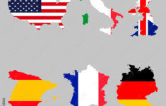 Stock-Vektorgrafik „Set Of Map Flags Usa, Italy, United Kingdom with Map of Spain France Italy and Germany