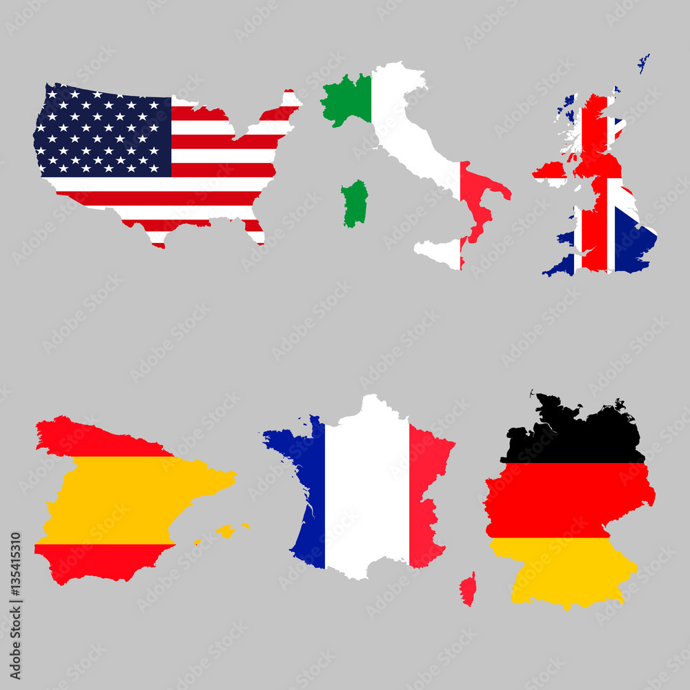 stock vektorgrafik set of map flags usa italy united kingdom with map of spain france italy and germany Stock-Vektorgrafik „Set Of Map Flags Usa, Italy, United Kingdom with Map of Spain France Italy and Germany