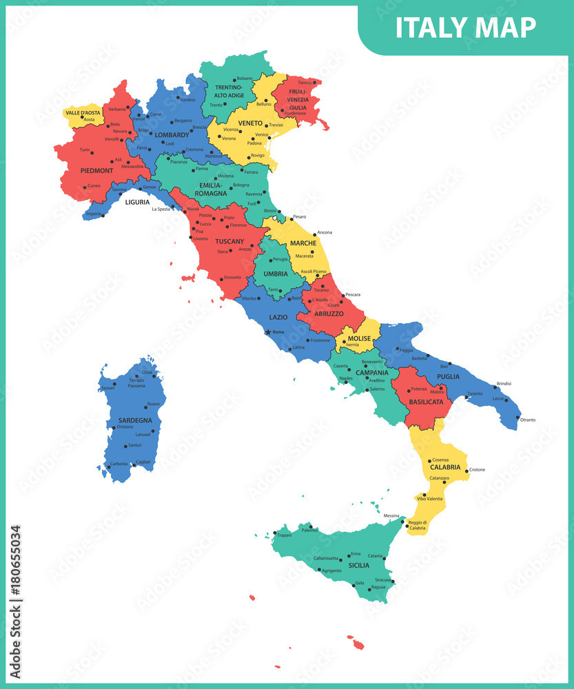 Stock-Vektorgrafik „The Detailed Map Of The Italy With Regions Or throughout Map Of Italy With States