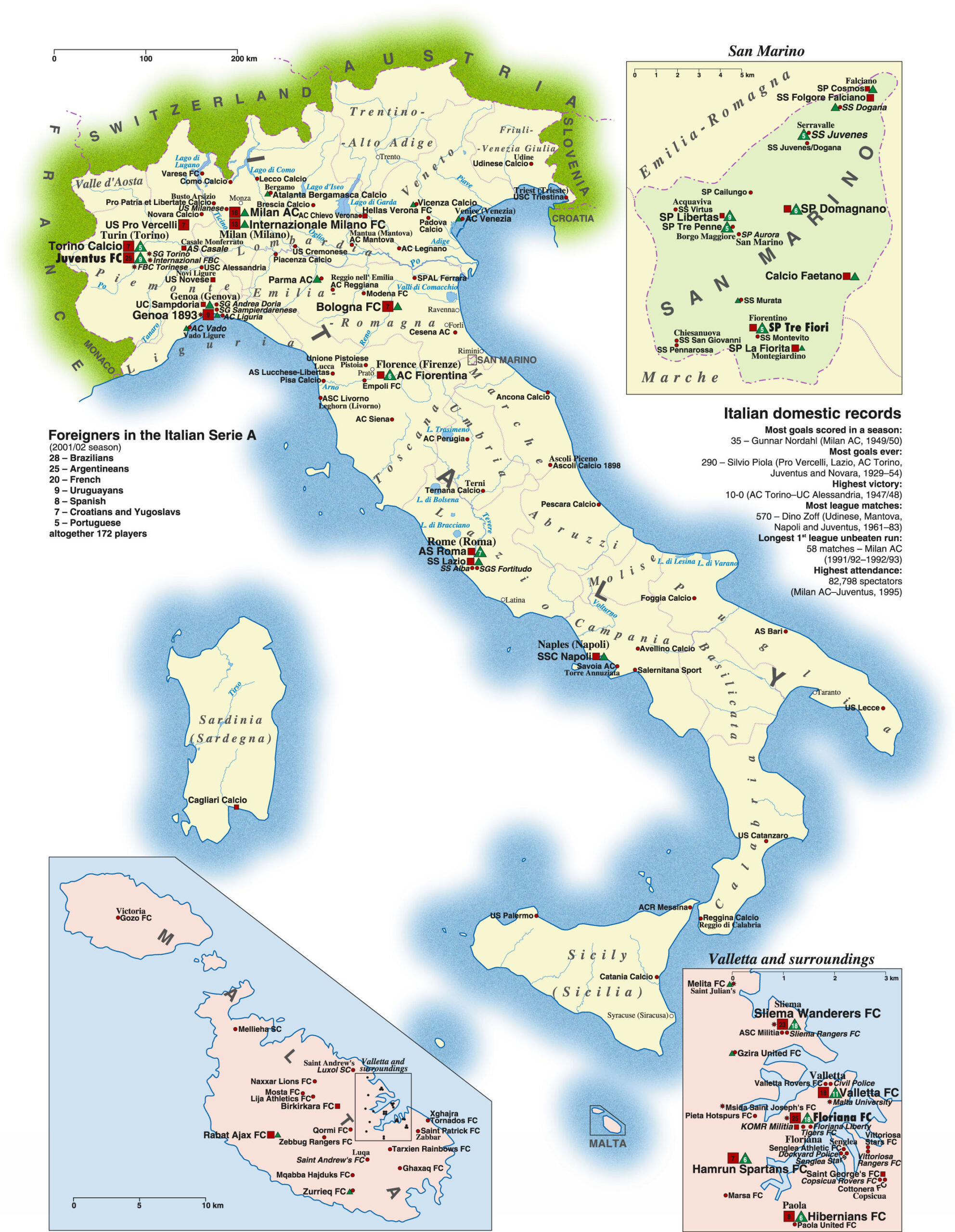 The First World Atlas Of Football - Map Of Italy, San Marino, Malta within Map Of Italy And Malta
