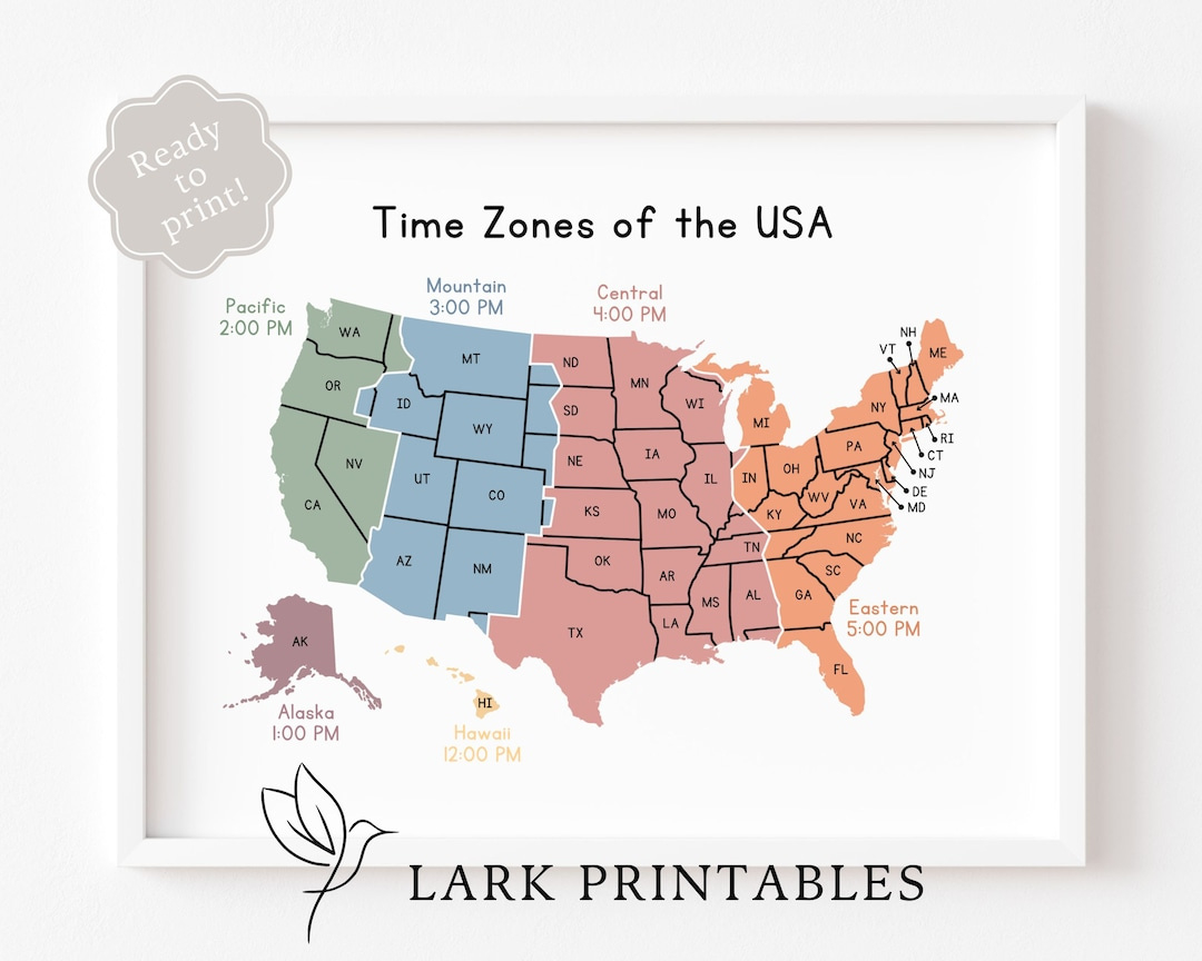 Time Zones Of The Usa Map Educational Poster Printable Geography Classroom Wall Decor Montessori Homeschool Resource Time Zone United States - Etsy in Printable Time Zone Map Of Usa
