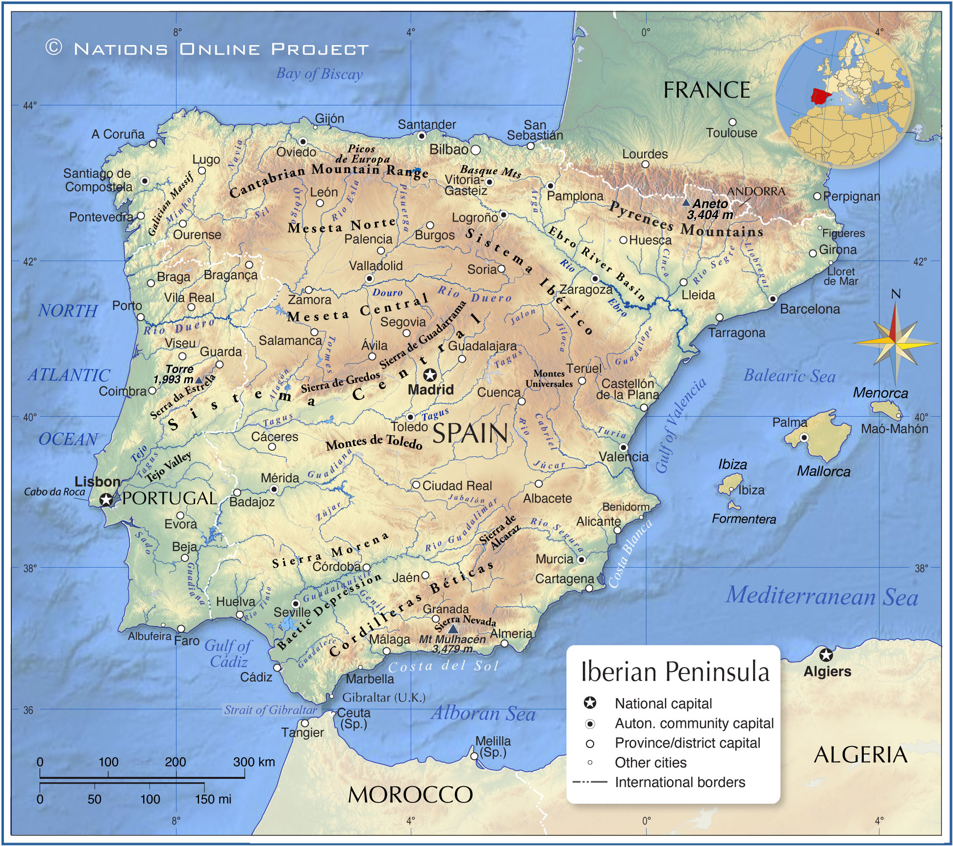 Topographic Map Of The Iberian Peninsula - Nations Online Project for Topographic Map Of Spain And Portugal