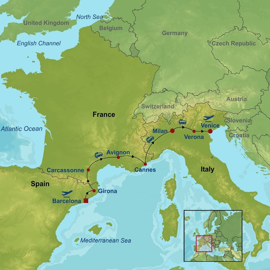 tour amazing barcelona southern france and italy indus travels with map of southern italy and france Tour | Amazing Barcelona Southern France And Italy | Indus Travels with Map of Southern Italy and France