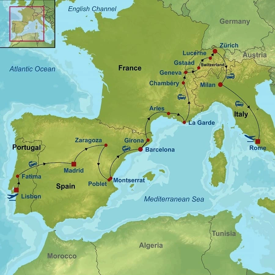 Tour | Essential Portugal, Spain, Switzerland And Italy | Indus throughout Map of Italy and France and Spain