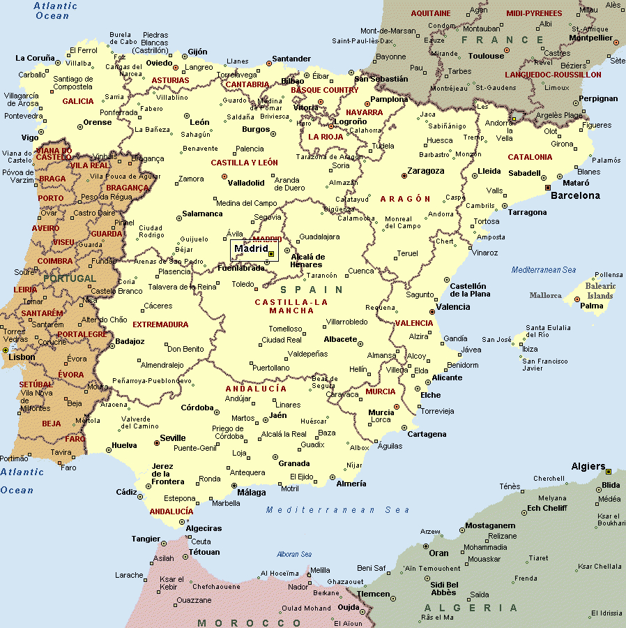 Tourism Portugal: Spain And Portugal Map With Cities in Printable Map of Spain and Portugal with Cities