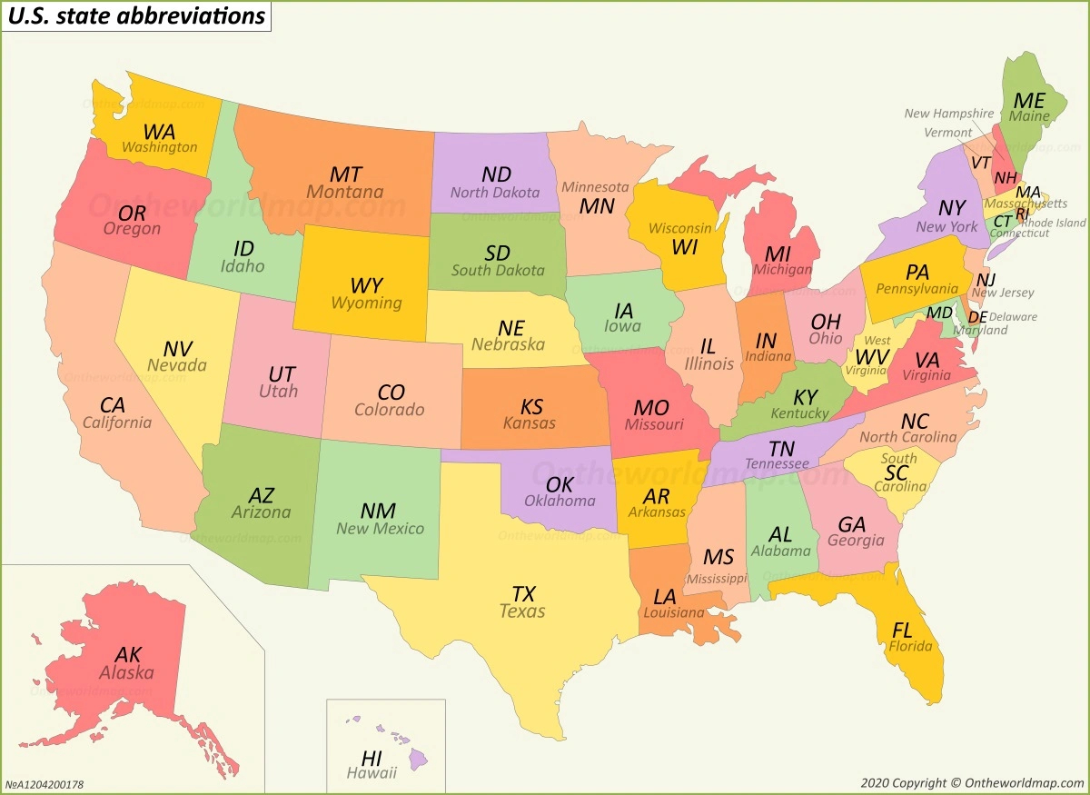 U.s. State Abbreviations Map - Ontheworldmap in Free Printable United States Map with Abbreviations