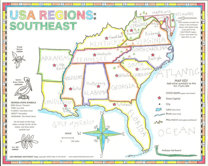 Free Printable Southeast Region States and Capitals Map Printable