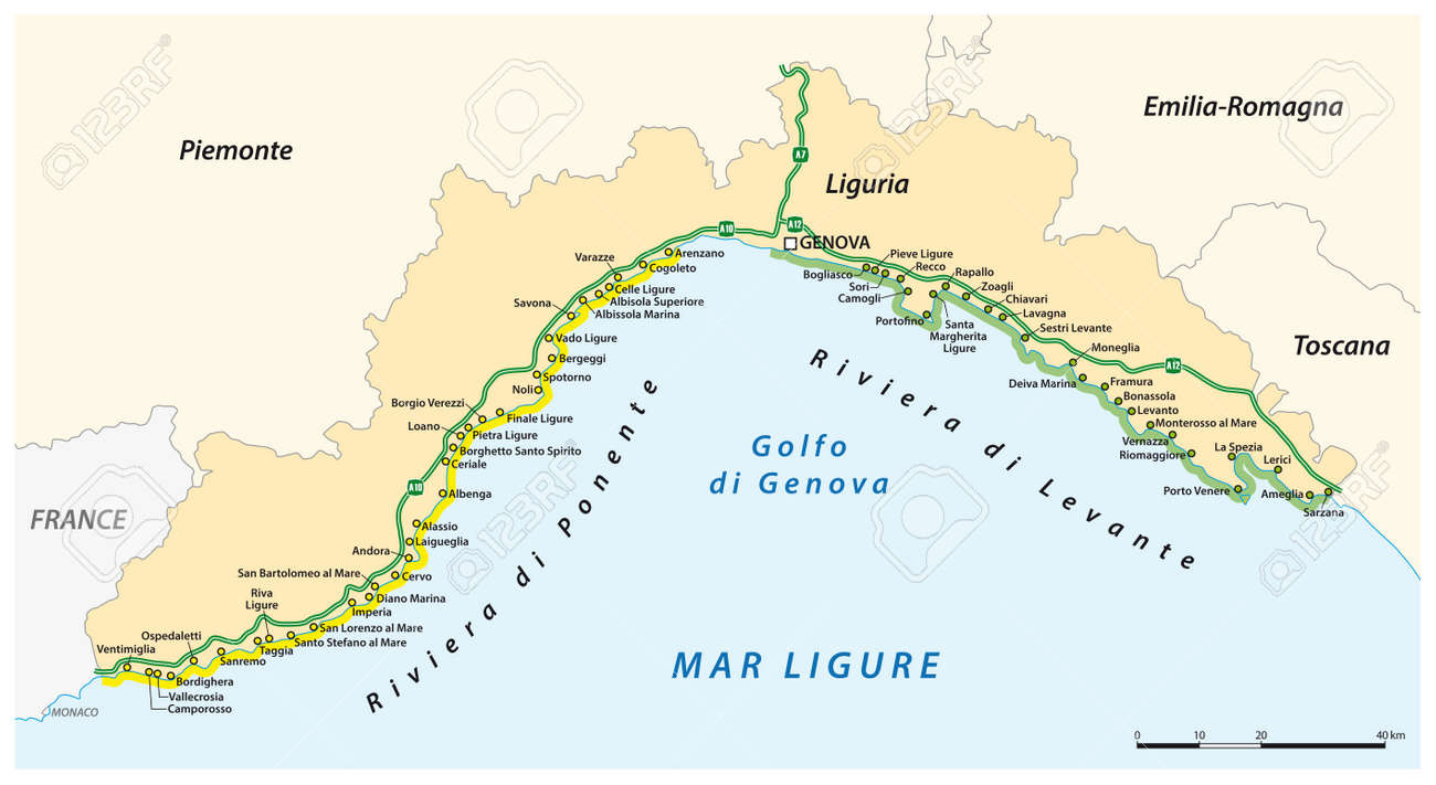 Vector Map Of Cities On The Italian Riviera, Ligurian Riviera inside Map Of Italian Riviera Italy