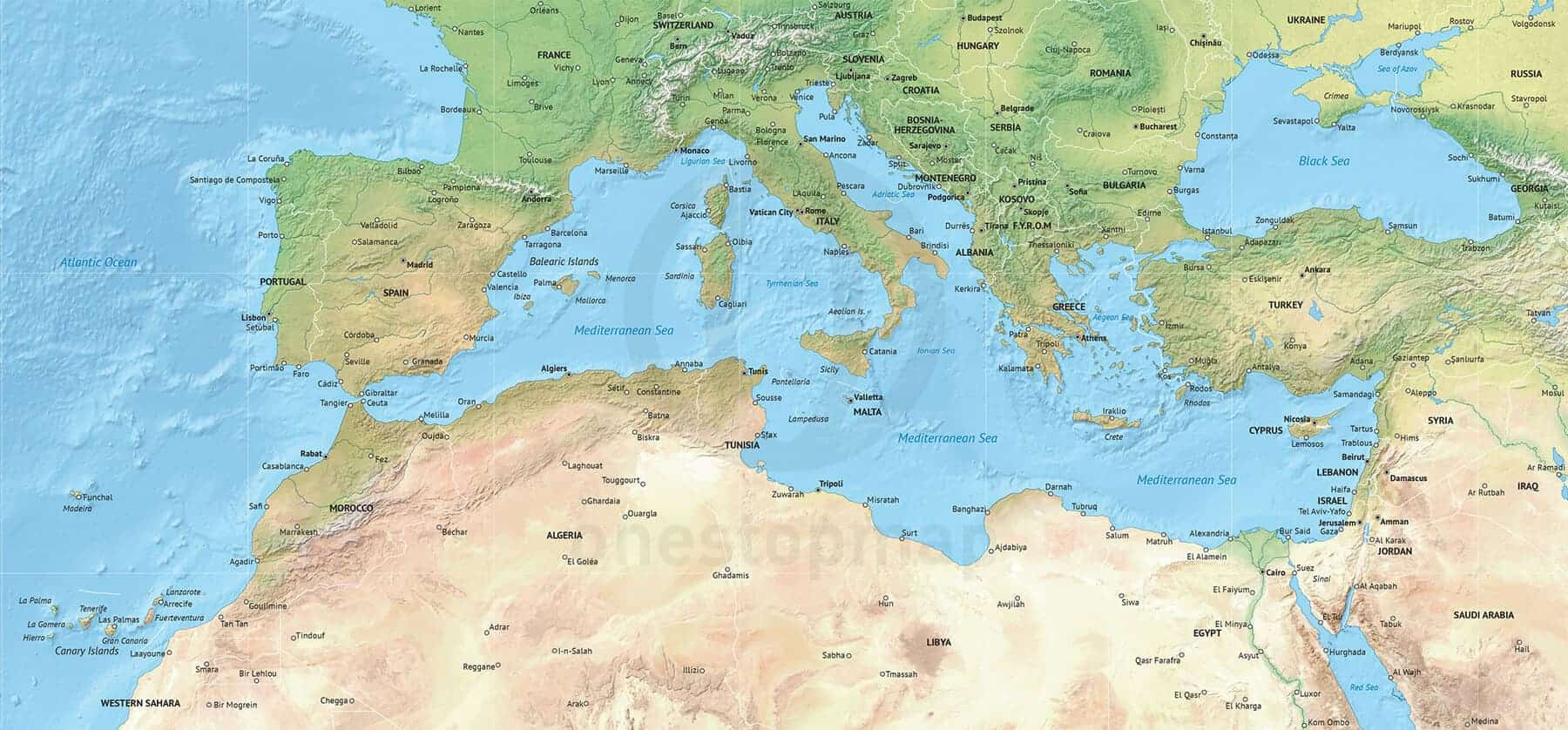 Vector Map Of The Mediterranean, Political With Shaded Relief within Printable Map of Mediterranean Sea