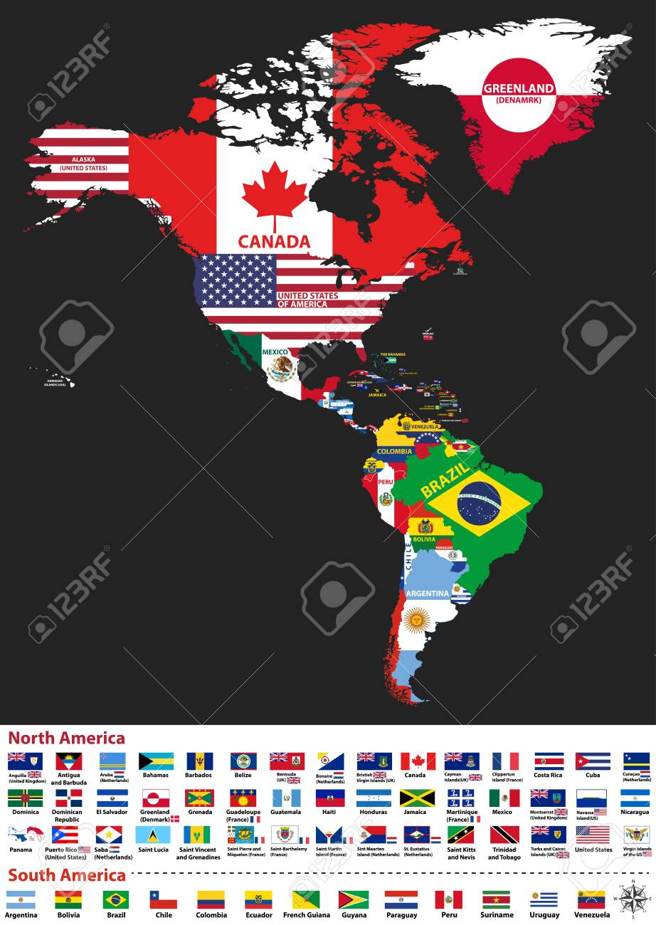 vektor illustration von nord und sudamerika mit land namen und pertaining to north and south america map with flags Vektor-Illustration Von Nord- Und Südamerika Mit Land Namen Und pertaining to North And South America Map With Flags