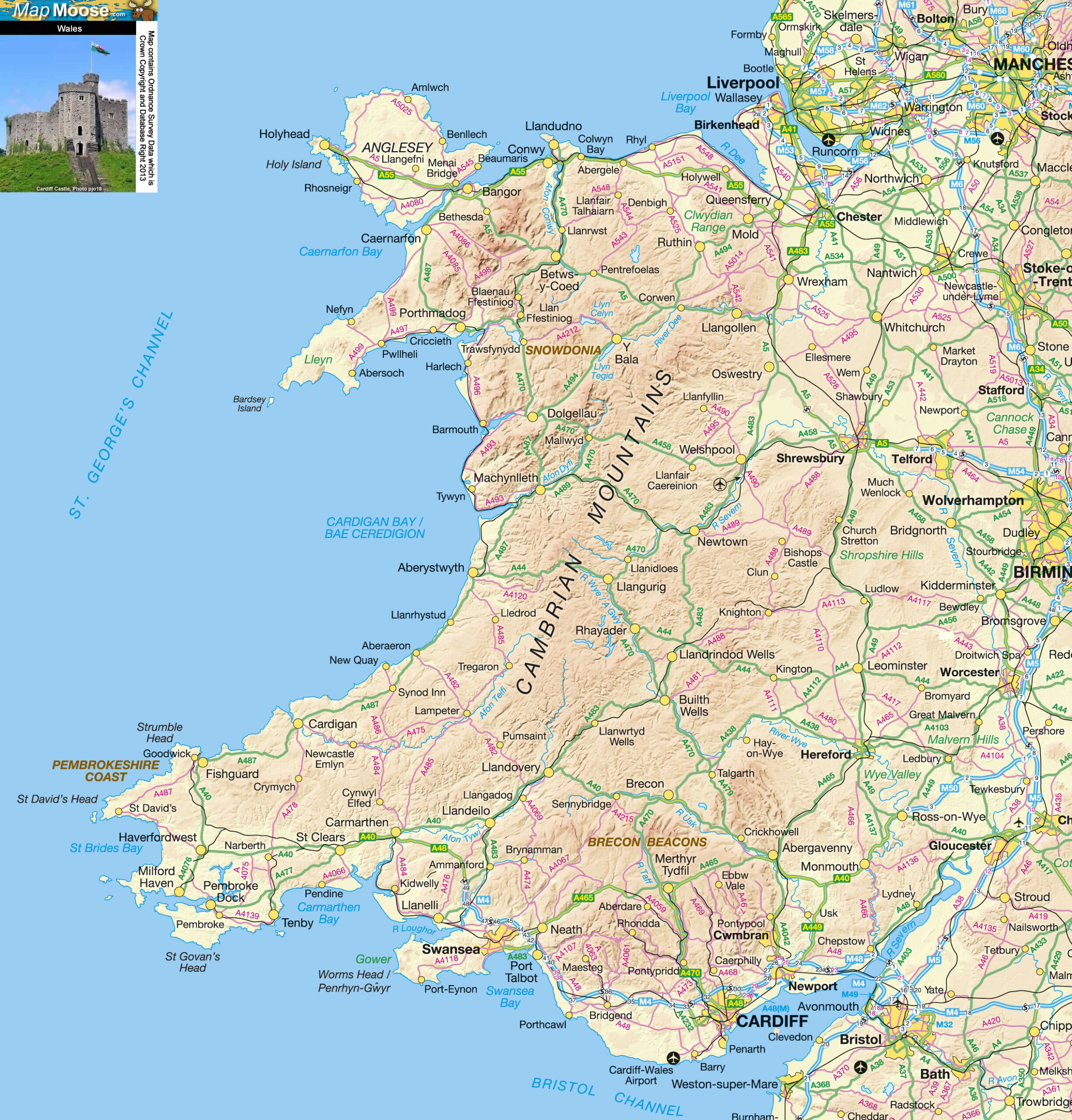 Wales Offline Map, Including Anglesey, Snowdonia, Pembrokeshire throughout Llandudno Street Map Printable