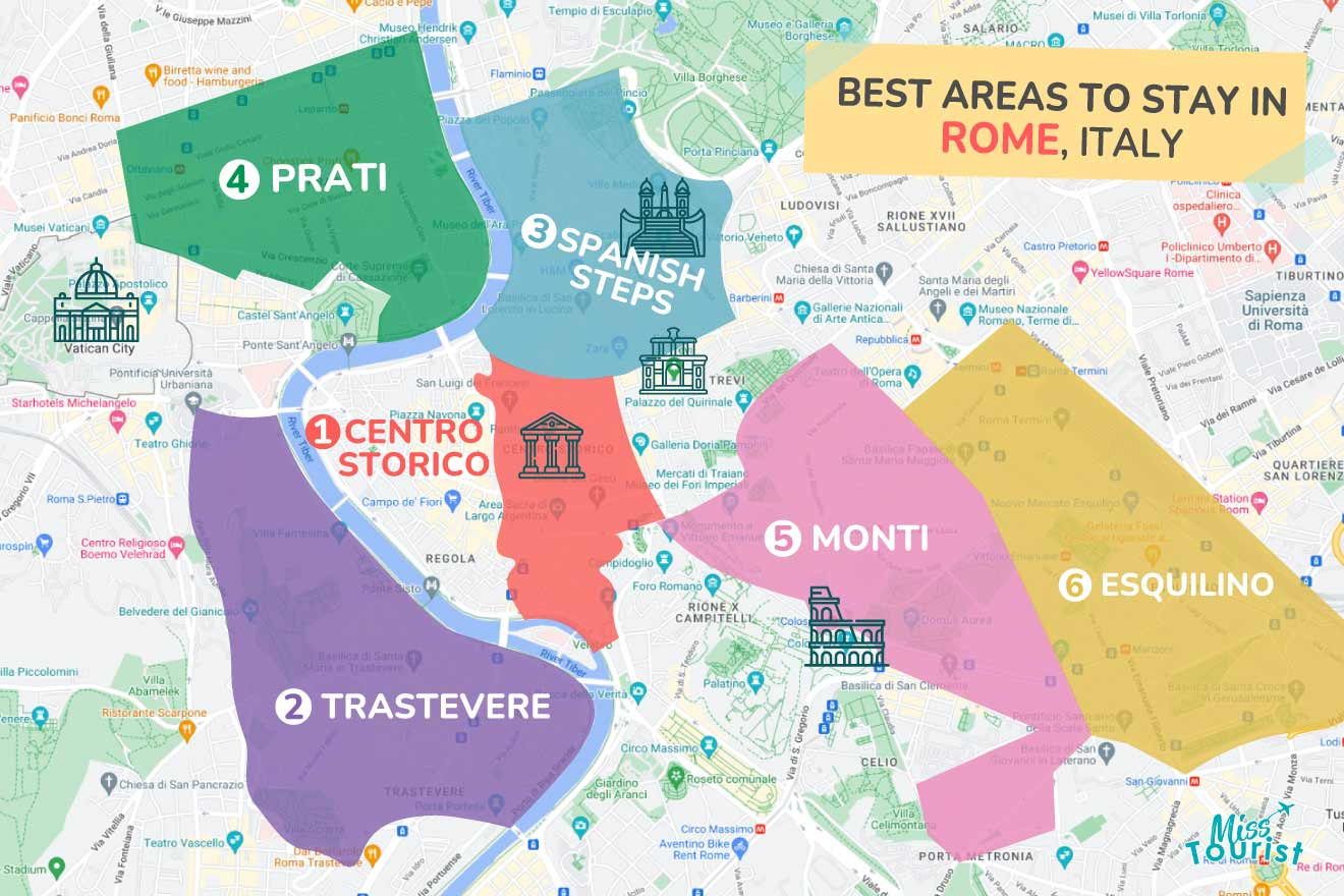Where To Stay In Rome → 6 Areas &amp;amp; Hotels in Map Of Hotels In Rome Italy