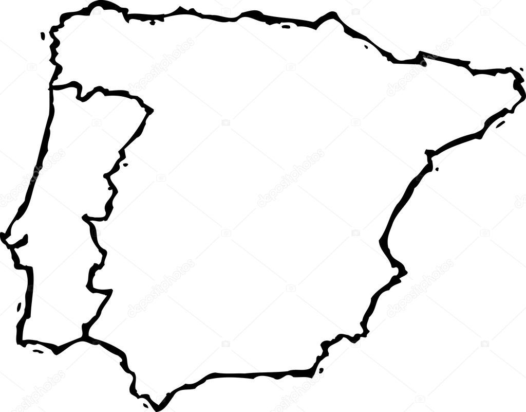 Woodcut Illustration Of Map Of Portugal And Spain Stock Vector with Outline Map of Spain and Portugal